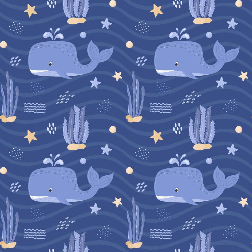 patrón impecable con ballenas, estrellas de mar y algas. lindo personaje oceánico en el mundo submarino. para textiles y prendas de vestir para niños. ilustraciones vectoriales de dibujos animados sobre un fondo azul oscuro. vector