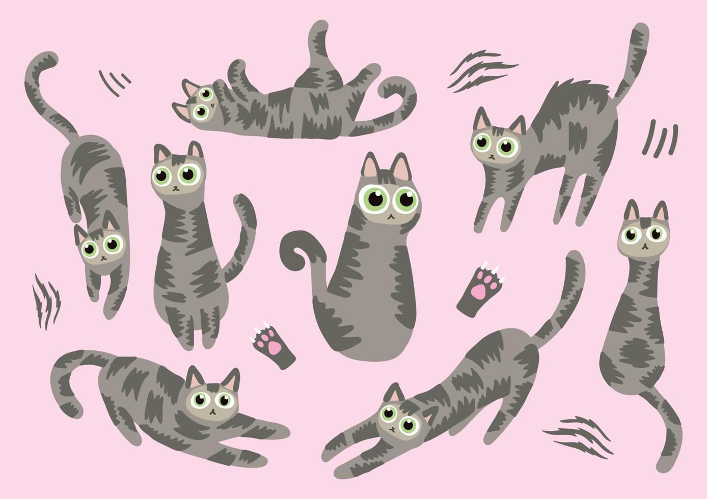 conjunto de vectores de gato gris lindo dibujado a mano