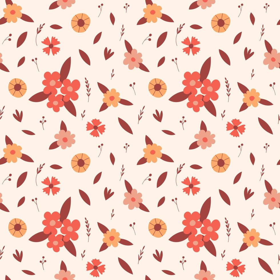 Seamless pattern with simple, floral, botanical, elements, buds, blooming flowers, twigs, leaves.Hand-drawn color vector illustrations on light beige background. Perfect for packaging paper, textiles