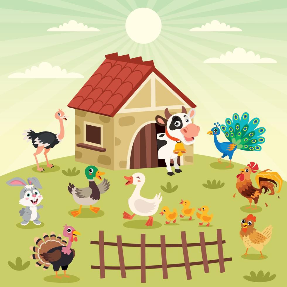 escena de la granja con animales de dibujos animados vector