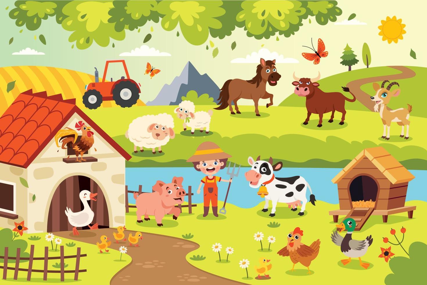 escena de la granja con animales de dibujos animados vector