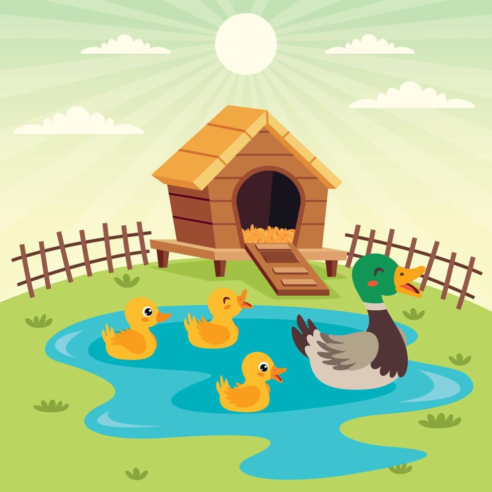 Farm Scene With Cartoon Animals vector