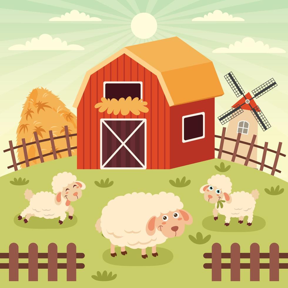 Farm Scene With Cartoon Animals vector