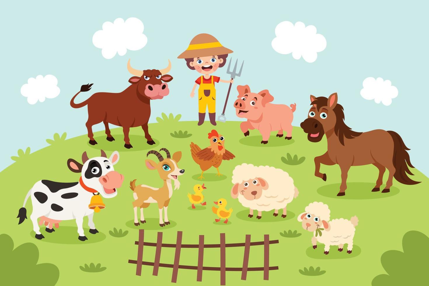 escena de la granja con animales de dibujos animados vector