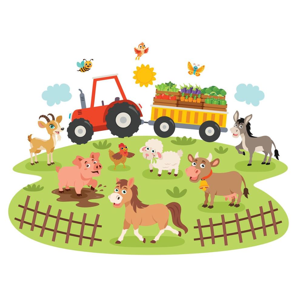 Farm Scene With Cartoon Animals vector