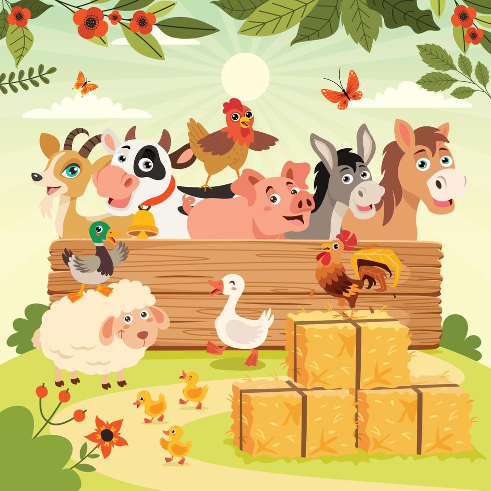 Farm Scene With Cartoon Animals vector