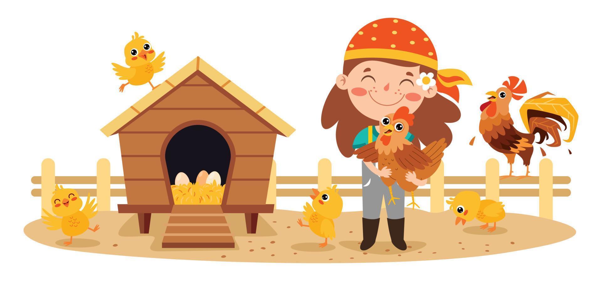 Cartoon Kid Feeding Chicken And Chicks vector