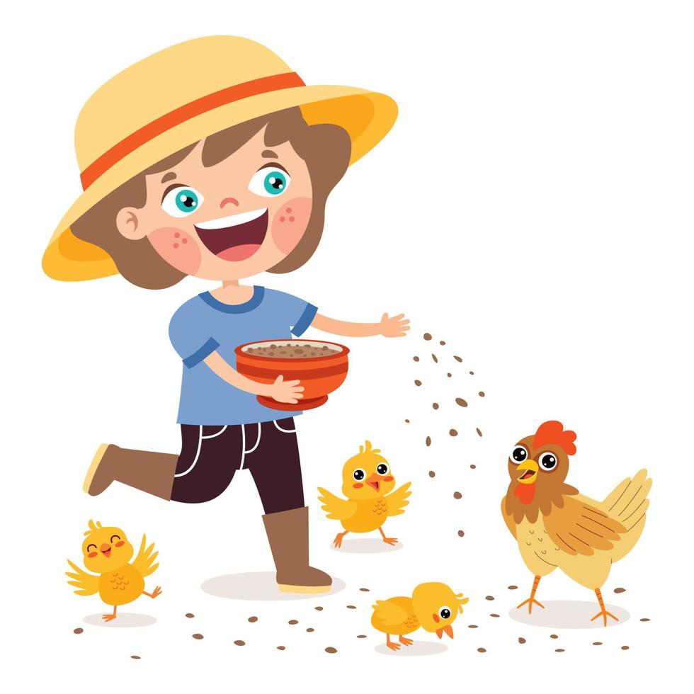 niño de dibujos animados alimentando pollo y pollitos vector