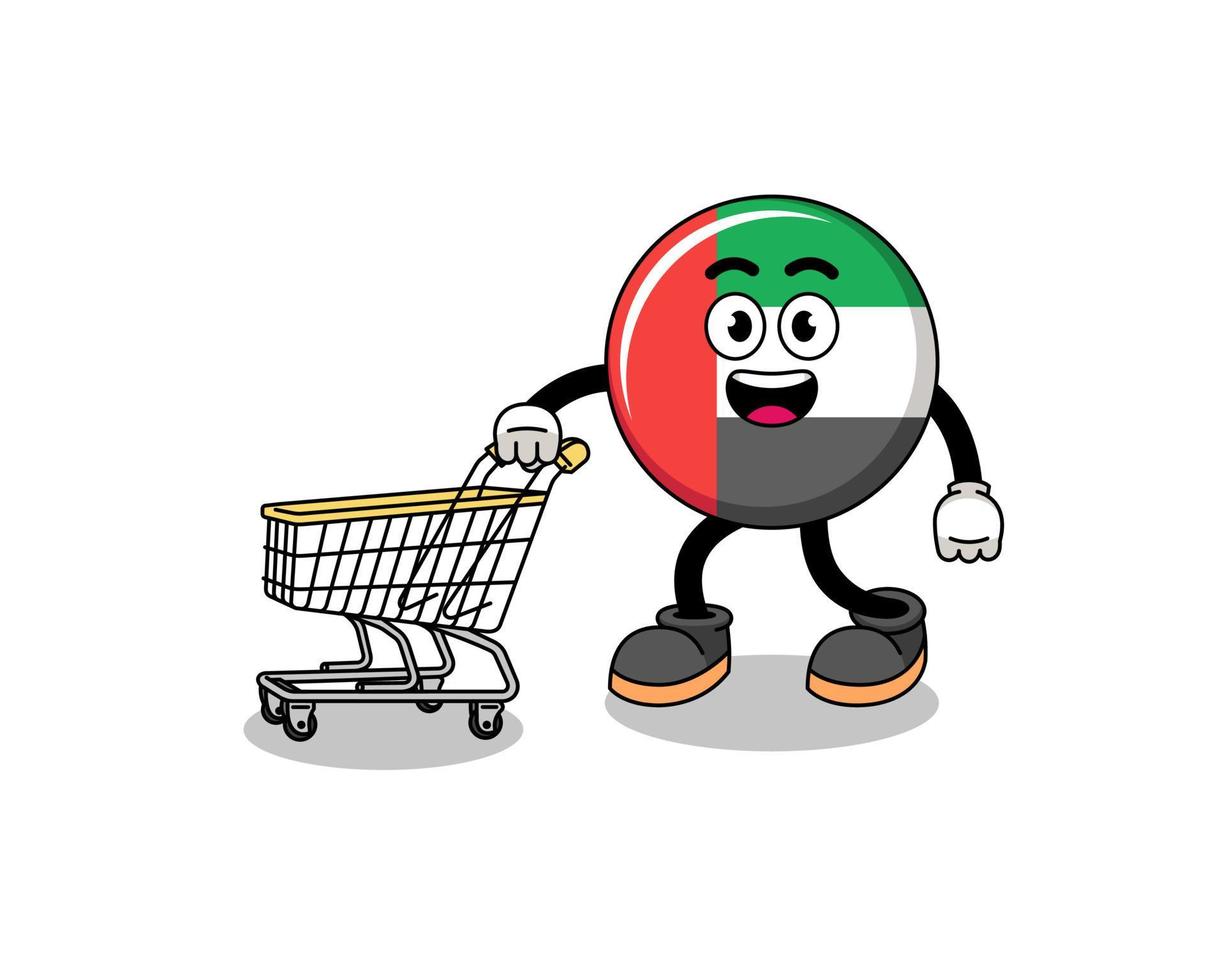 caricatura de la bandera de los emiratos árabes unidos sosteniendo un carrito de compras vector