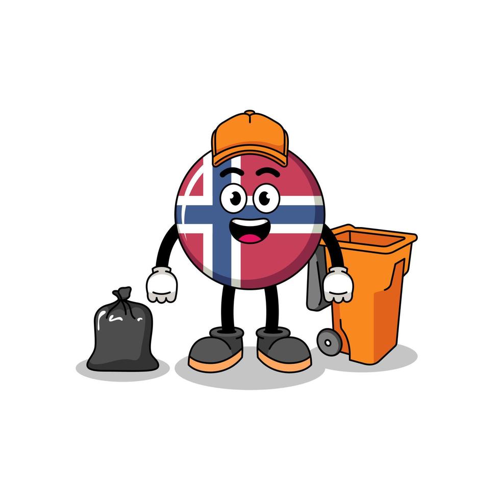 Illustration of norway flag cartoon as a garbage collector vector