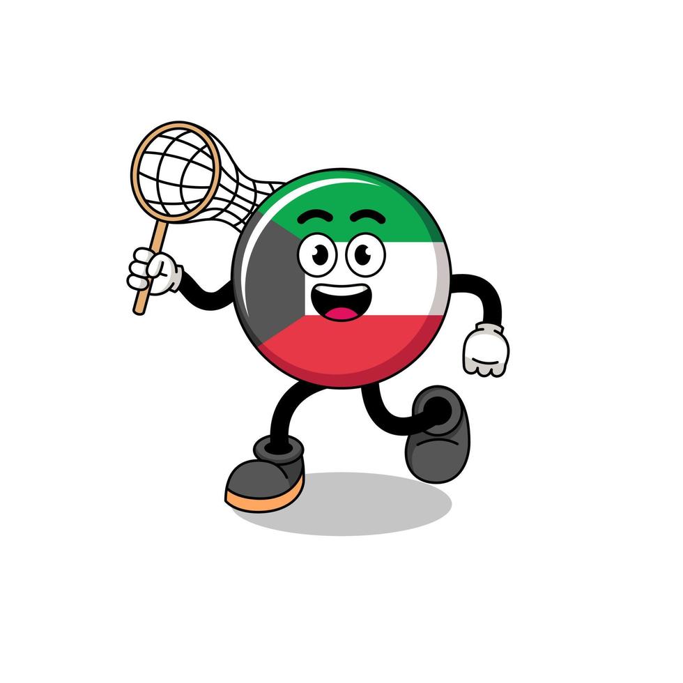 Cartoon of kuwait flag catching a butterfly vector