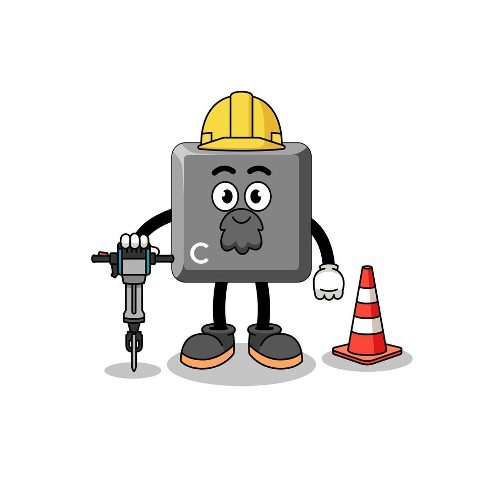 caricatura de personaje de la tecla c del teclado trabajando en la construcción de carreteras vector