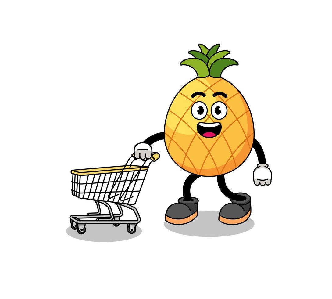 Cartoon of pineapple holding a shopping trolley vector