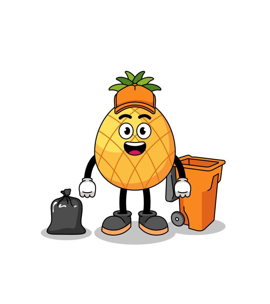 Illustration of pineapple cartoon as a garbage collector vector