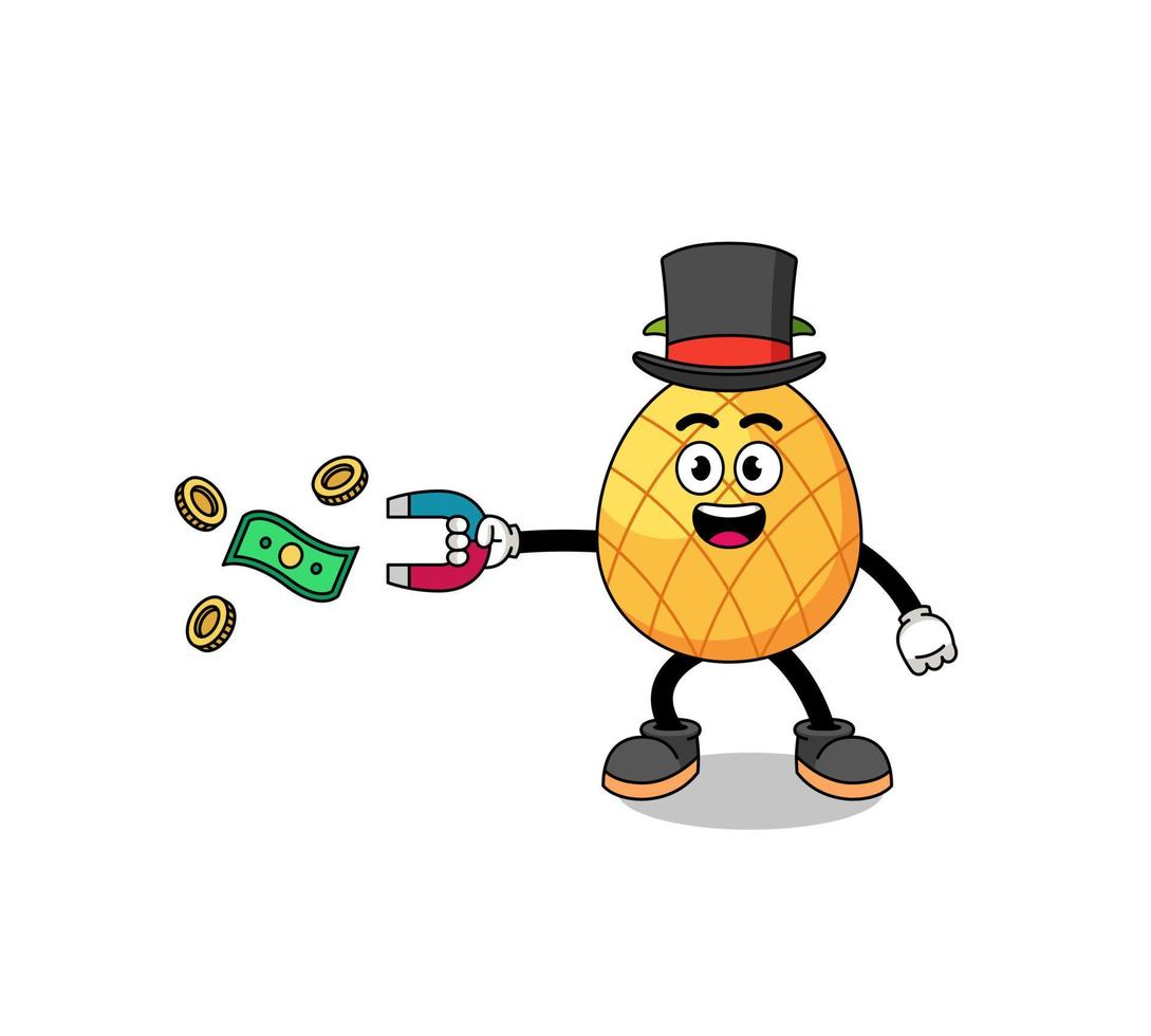 ilustración de personaje de piña atrapando dinero con un imán vector