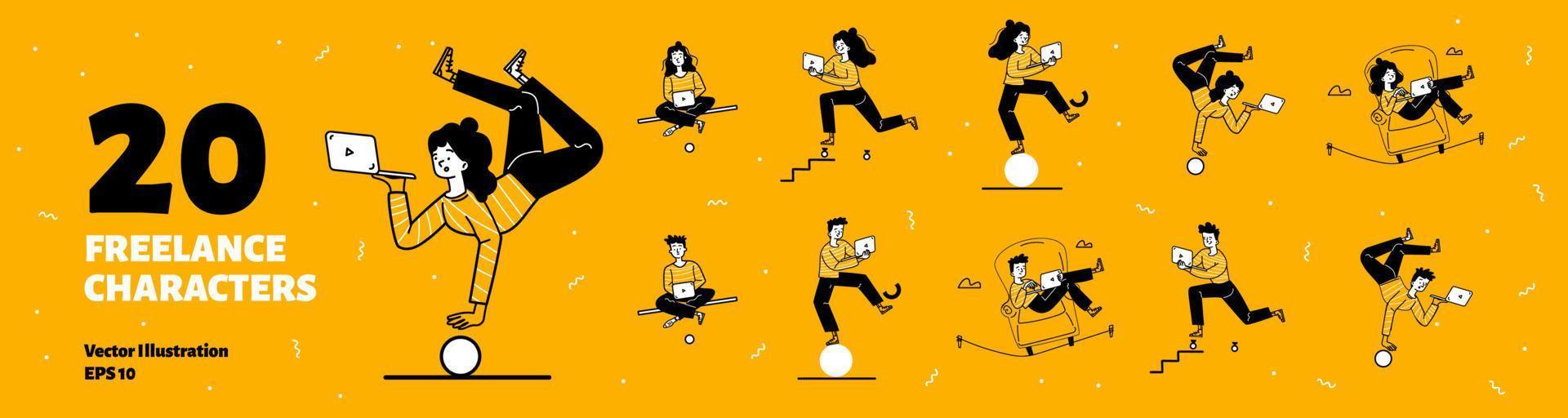 Set of freelance characters trying to keep balance vector