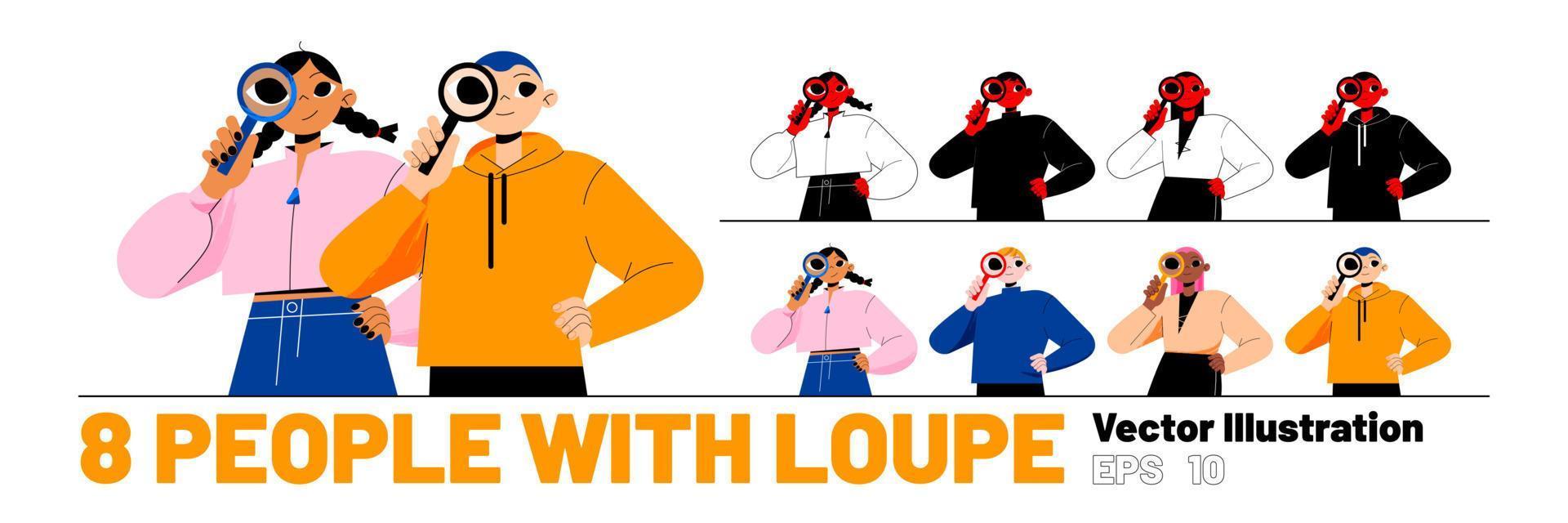 Set of people with loupe, characters with glasses vector