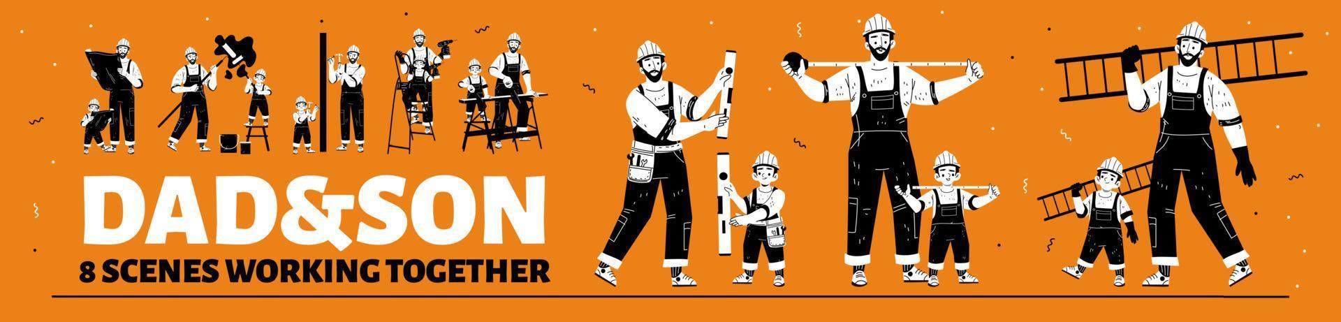 Dad and son builders working together vector set