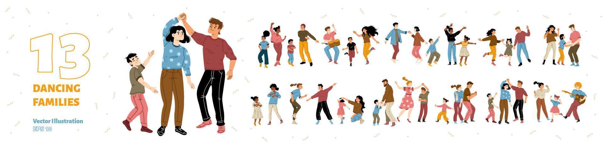 Set of dancing families rejoice, fun, home party vector