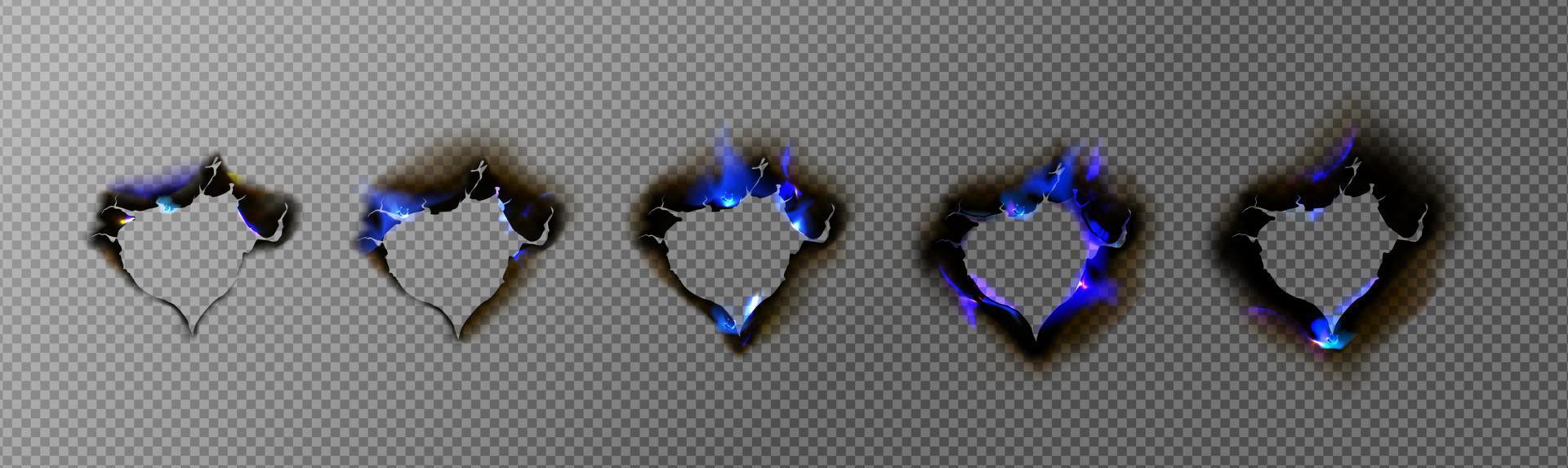 Burn paper holes with blue fire, burnt frames set vector