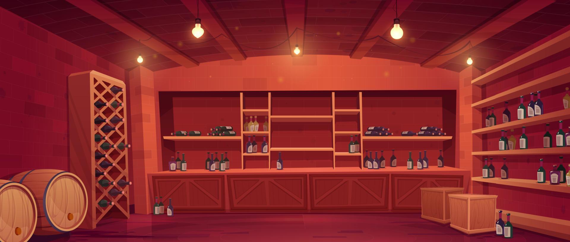 Wine shop, cellar interior with bottles on shelves vector