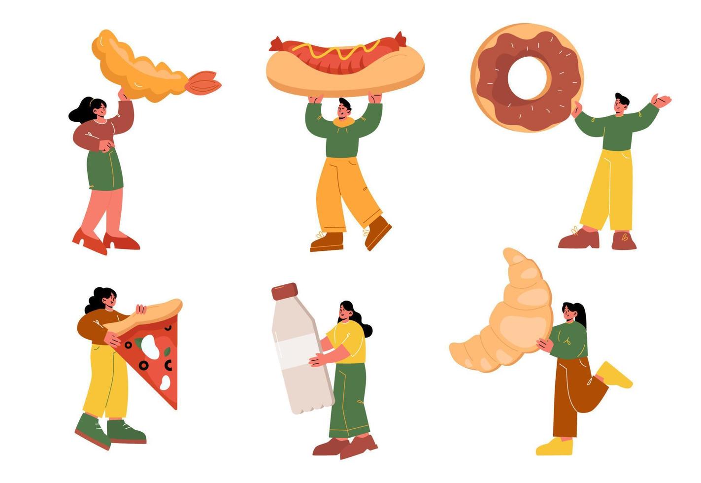 Tiny characters with huge fast food, bakery, drink vector