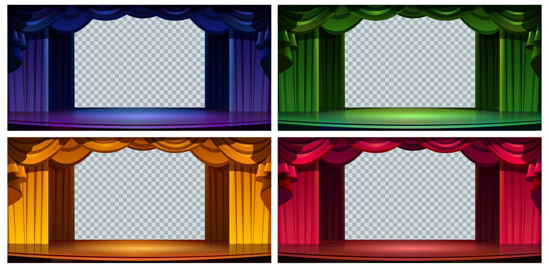 Stage curtains isolated set, empty textile frames vector