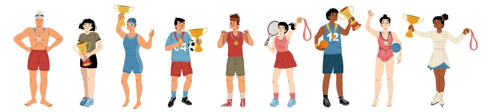 Happy athletes winners with gold medals and cups vector