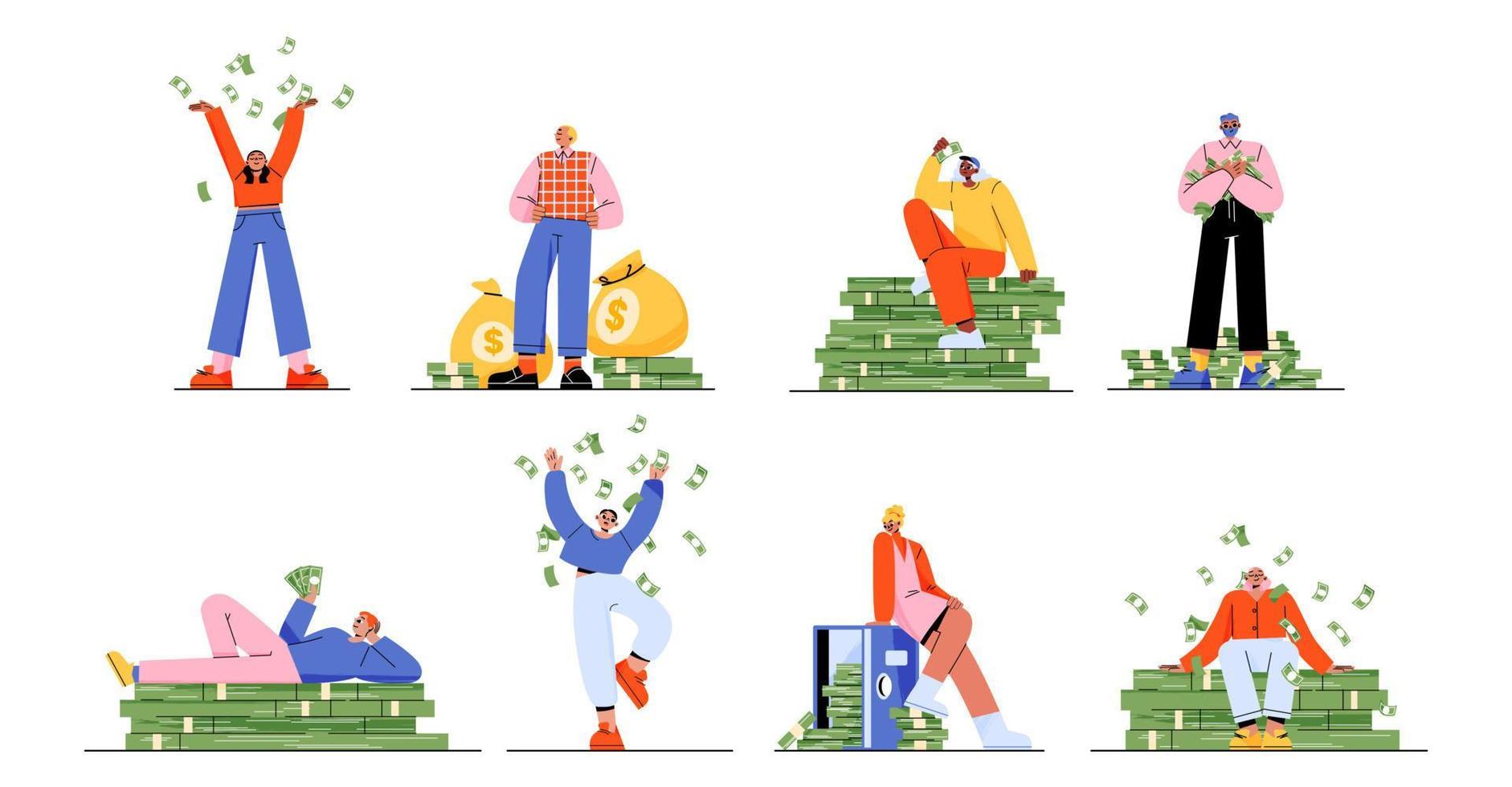 Rich people with money, happy men and women set vector