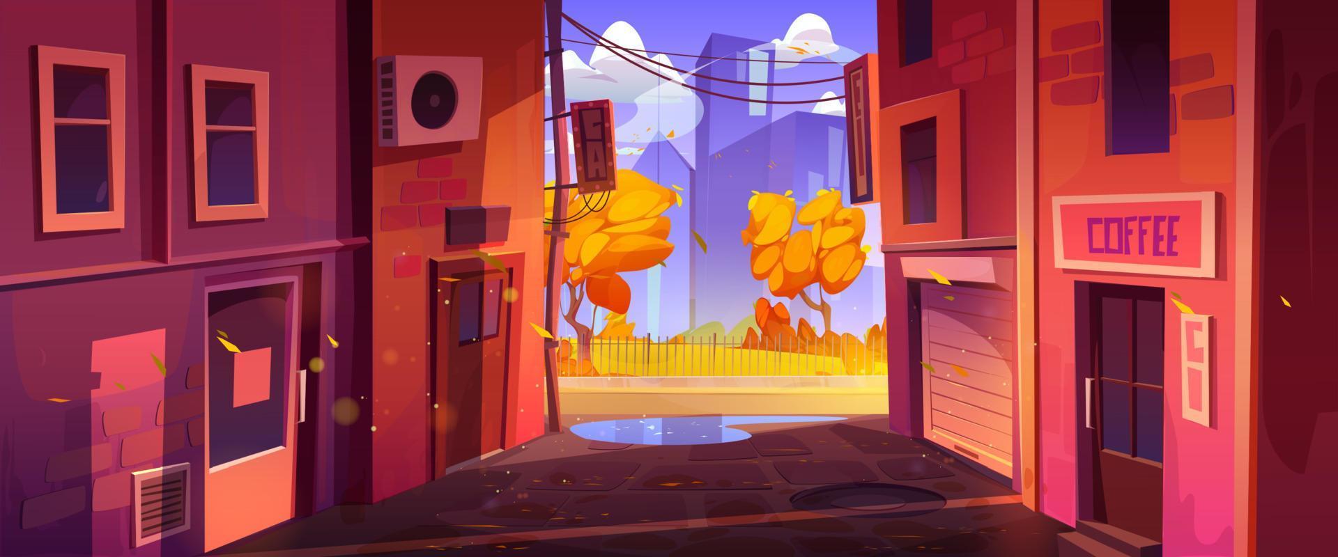 Empty back alley and city street at autumn day vector