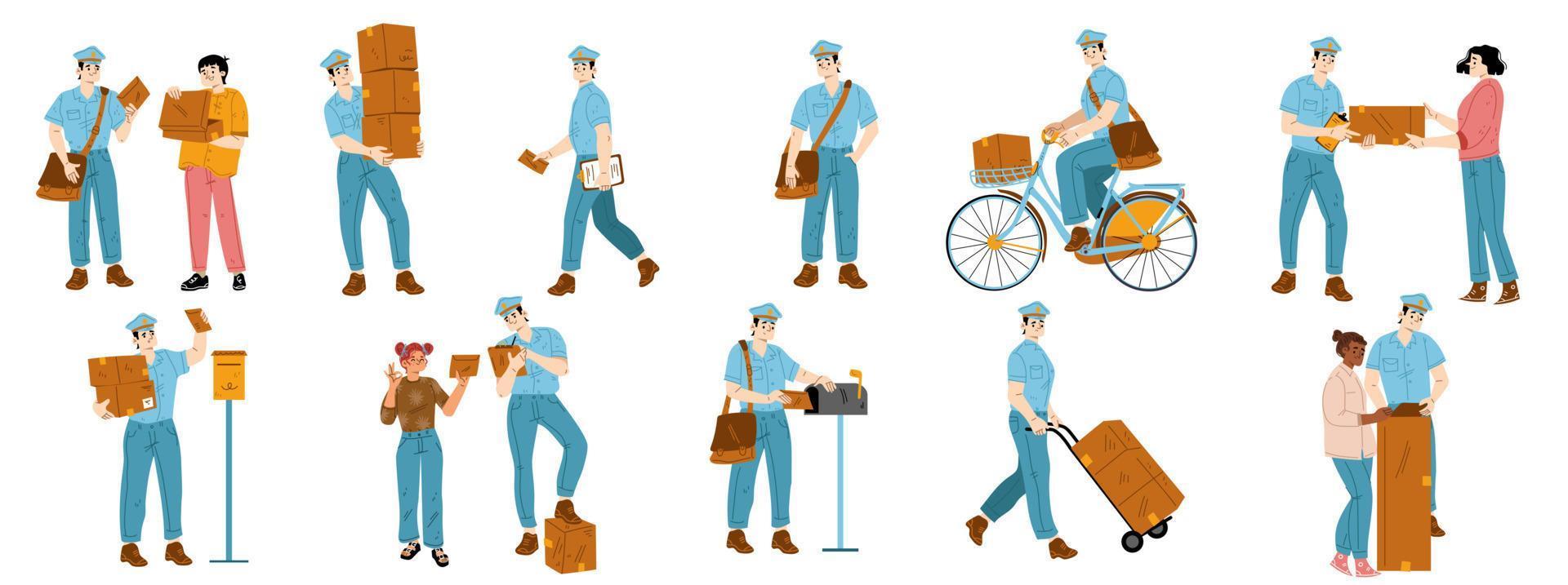 Set of postman characters delivering mail vector