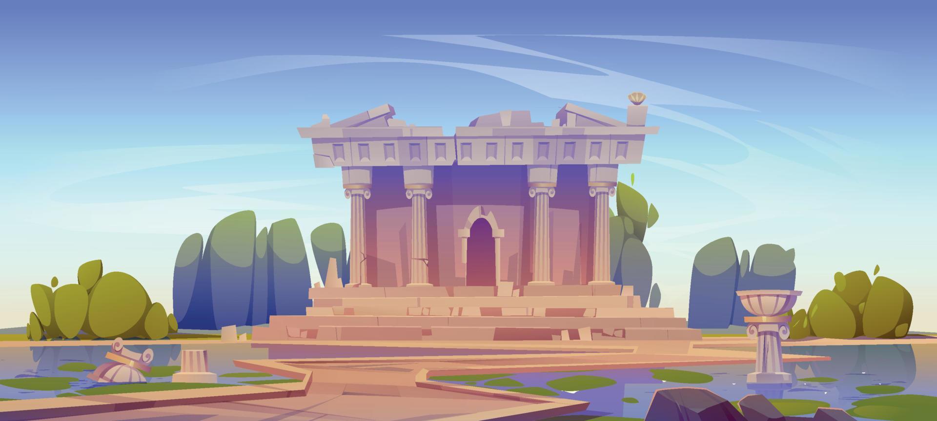 Ruined temple, abandoned architecture building vector