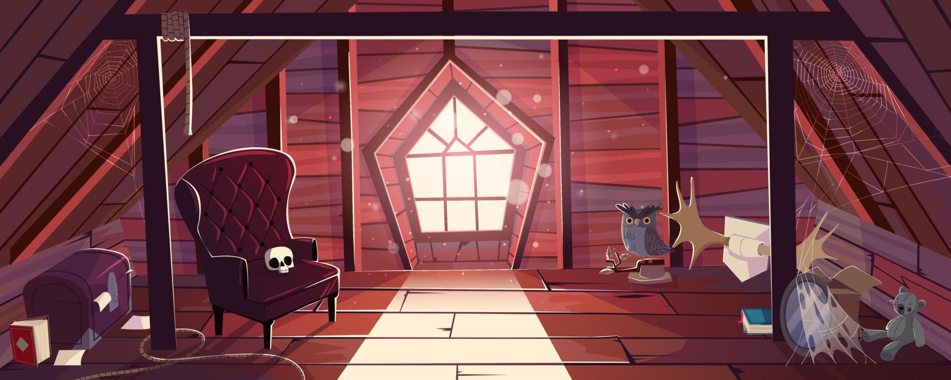 Old house attic with vintage furniture, dust vector