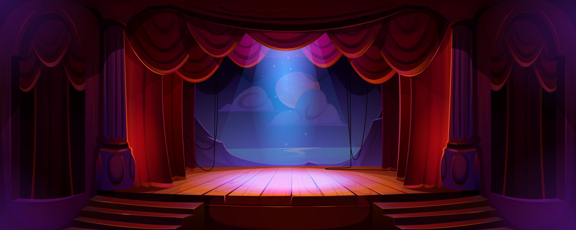 Theater stage with red curtains, spotlights, decor 16263043 Vector Art at  Vecteezy