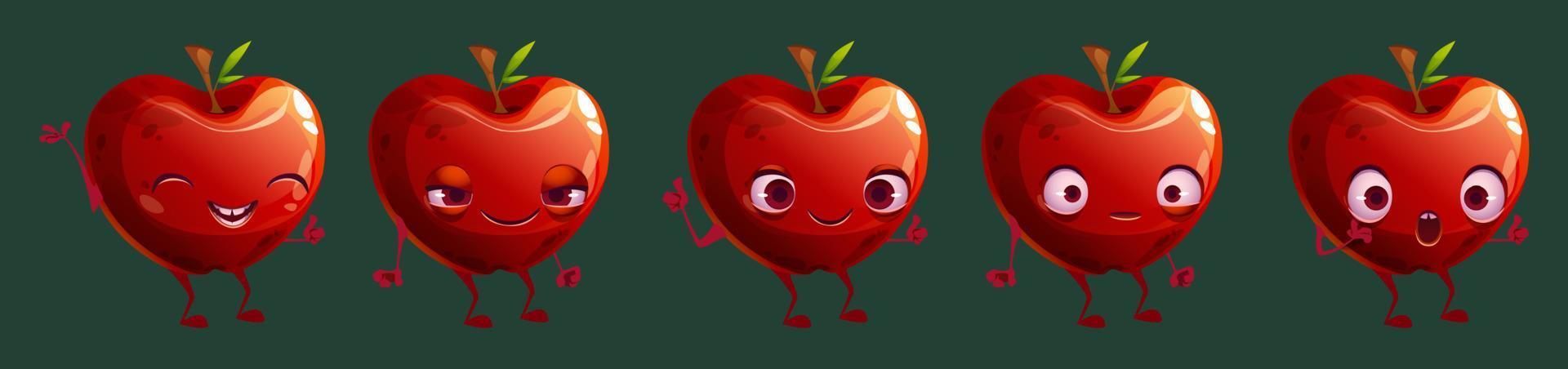 divertido conjunto de emoji de cara de personaje de fruta de manzana roja vector