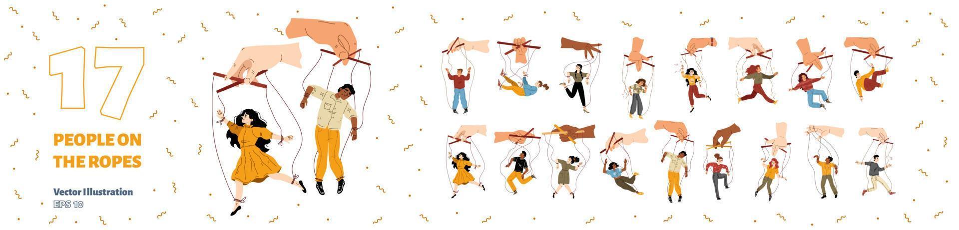 Set of people hang on ropes. Puppeteer and puppets vector