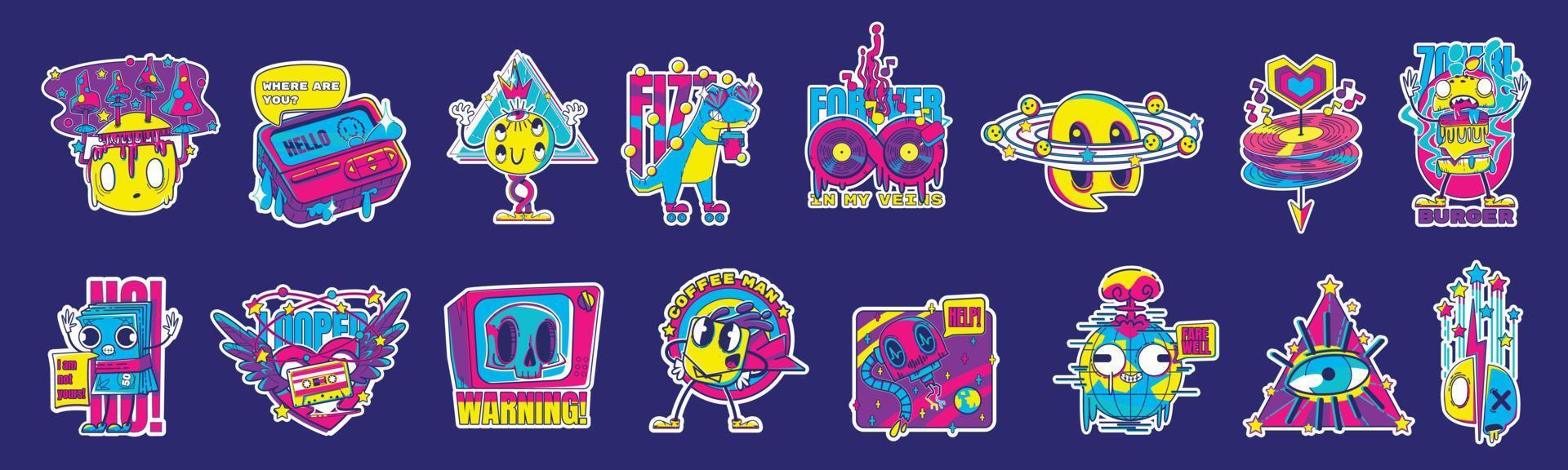 Retro rave stickers, comic patches vector