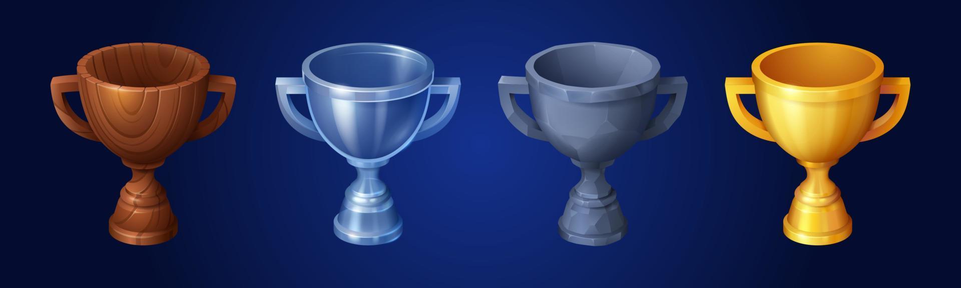Set of winner cups of wood, metal, stone, gold vector