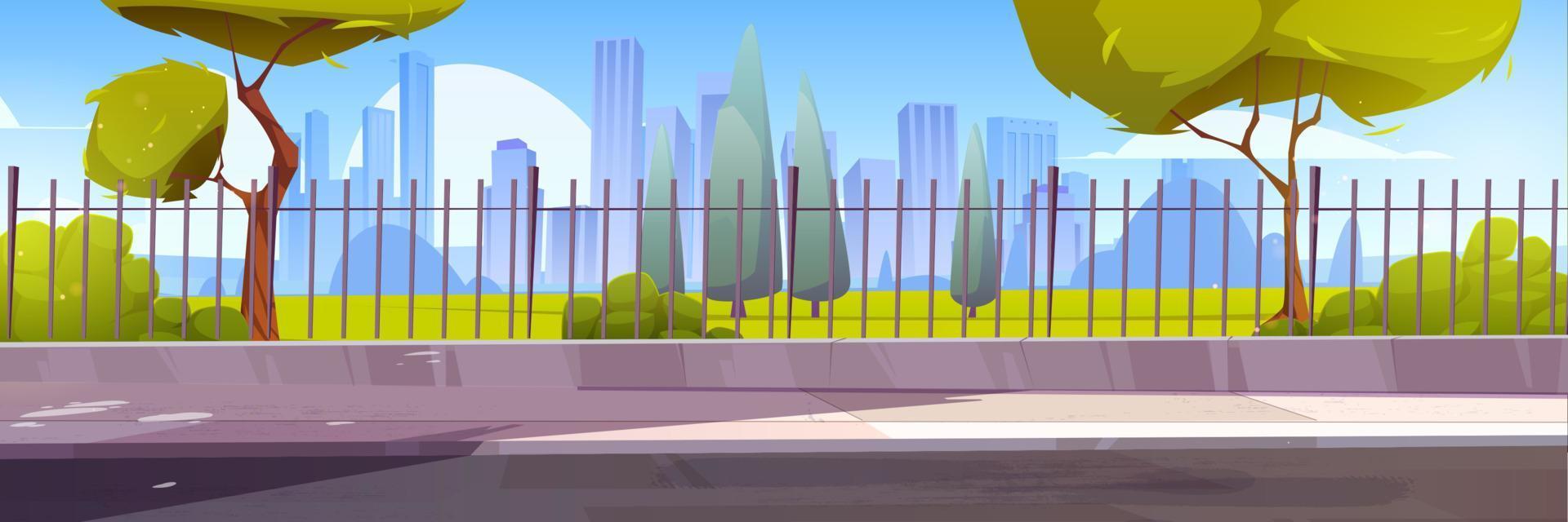 Summer city skyline, urban view, fence background vector