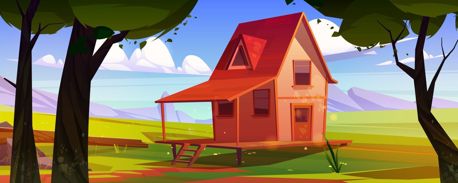 Village house in mountain valley with trees vector