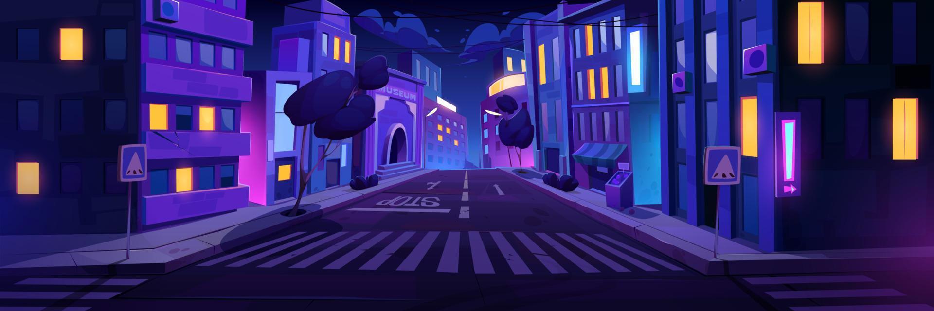 City street with crossroad at night, intersection vector