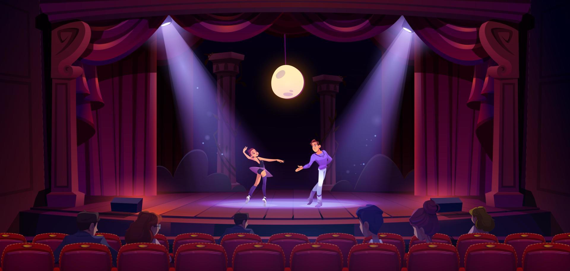 Ballet dancers perform dance on theater scene vector