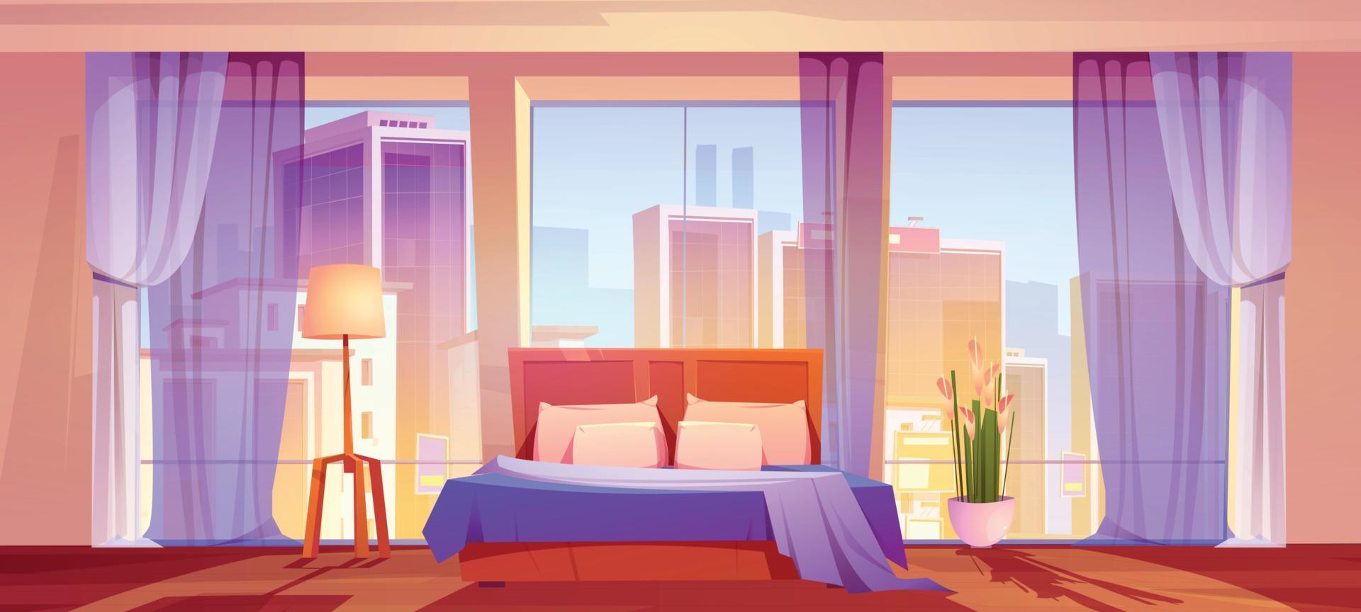 dormitorio con vista a la ciudad, interior del hogar o del hotel vector