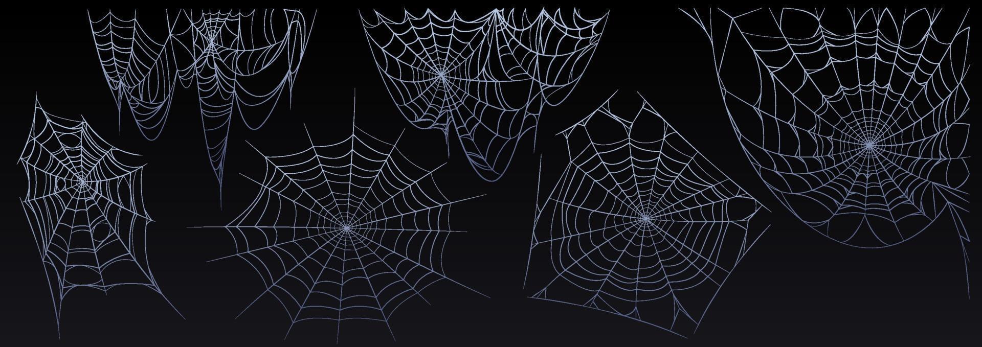 Set of tangled spiderweb hanging isolated on black vector