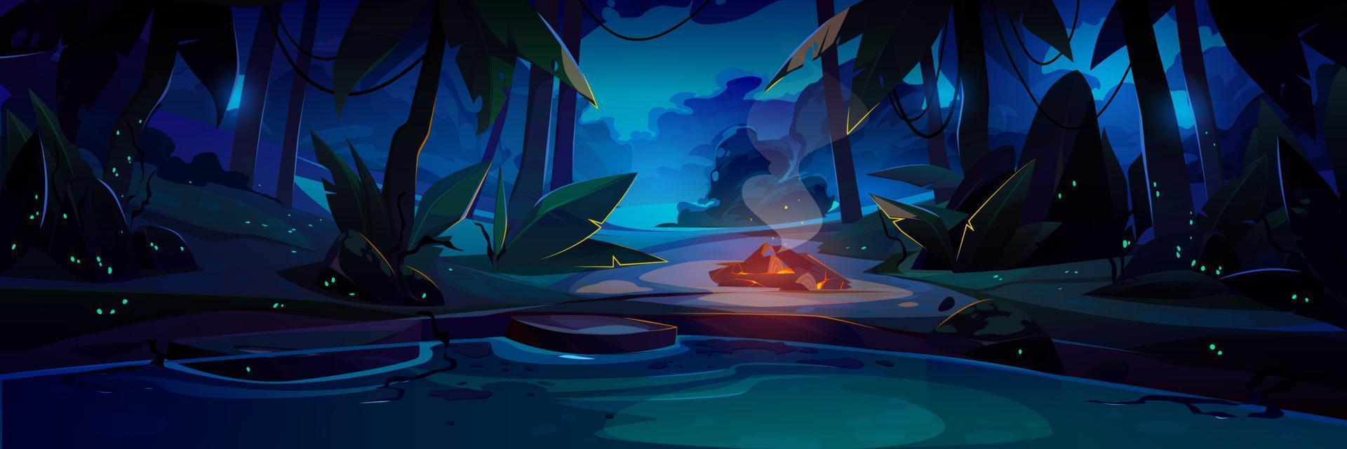 Campsite with bonfire in jungle at night vector