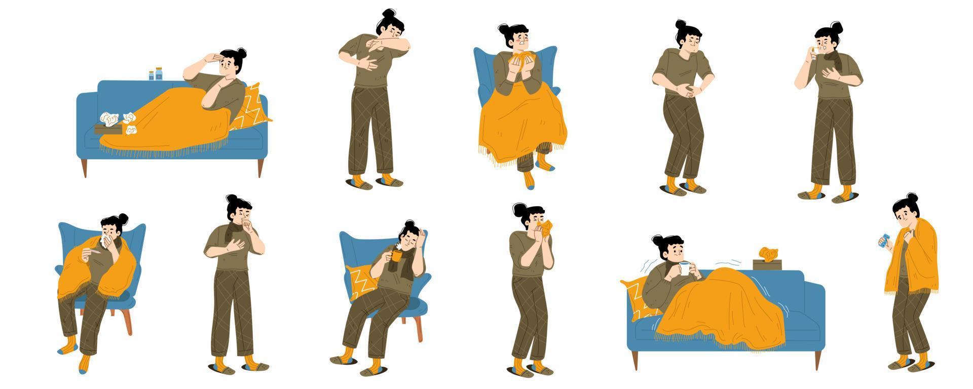 Sick woman, person with flu symptoms vector set