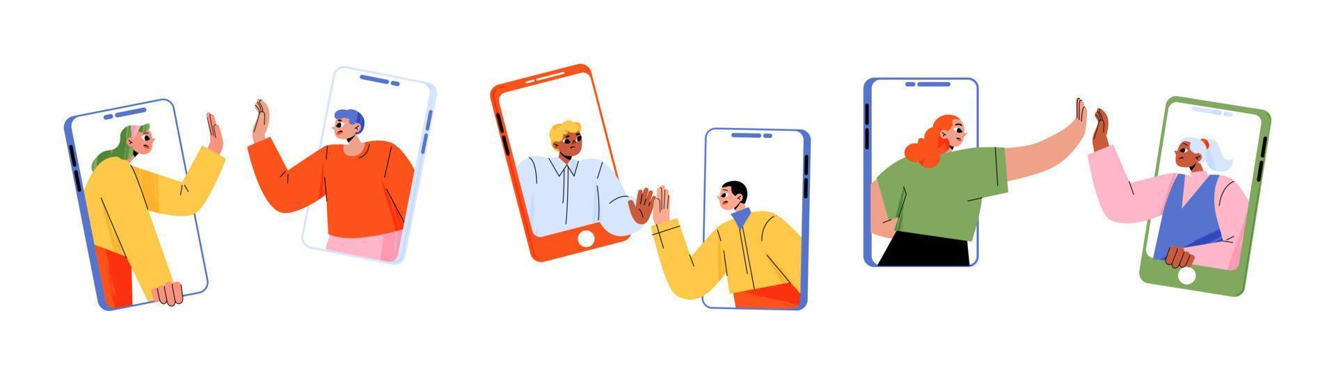 People on phones give high five, video call vector