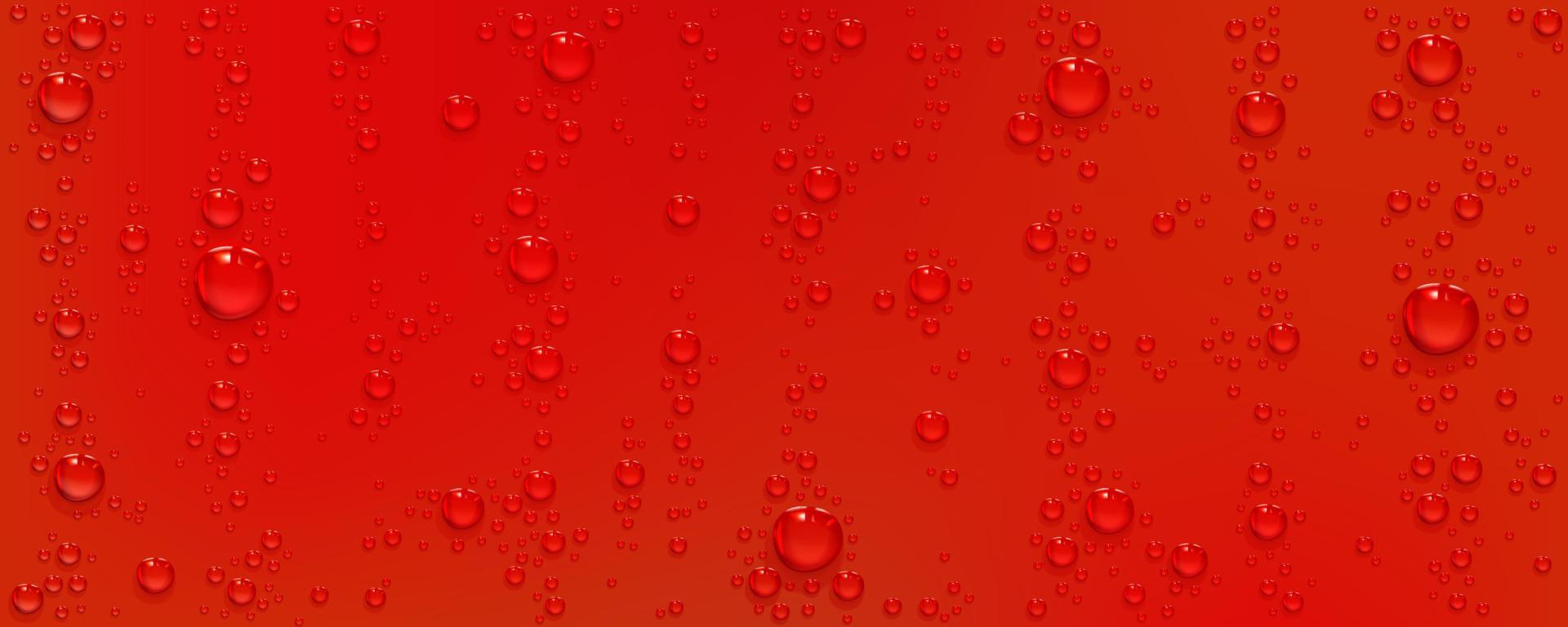 Water drops on red background, realistic bubbles vector