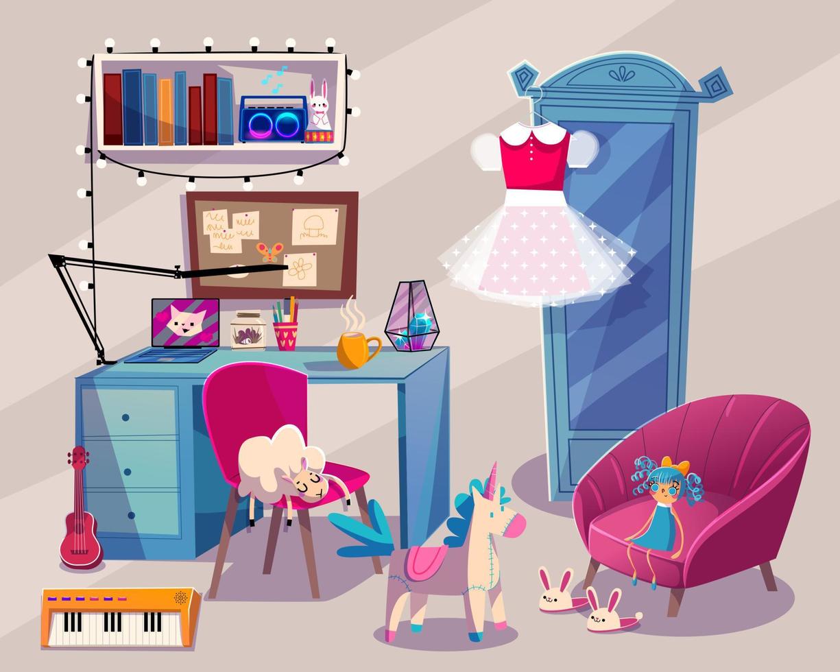 Girl room interior with wardrobe, chair and table vector