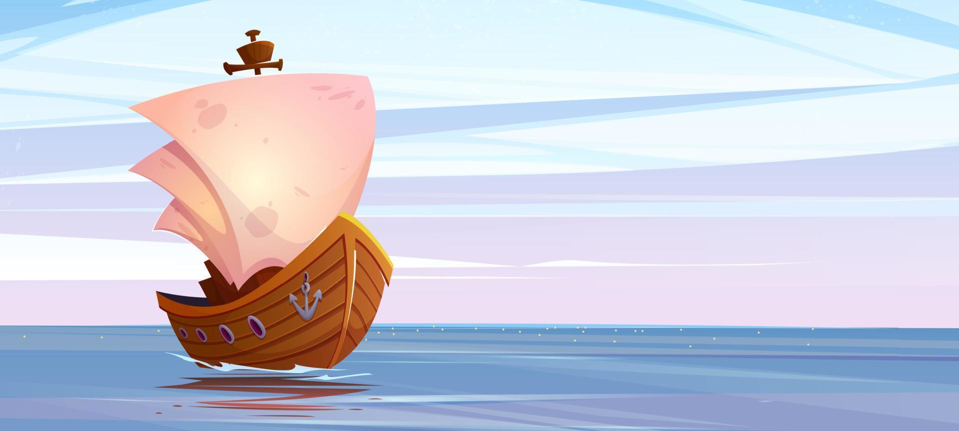 Old wooden ship sailing in sea, vector cartoon